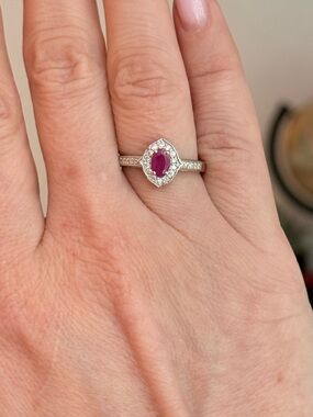 Mozambique Ruby & Lab Grown Diamond Halo Ring Sterling Silver 7